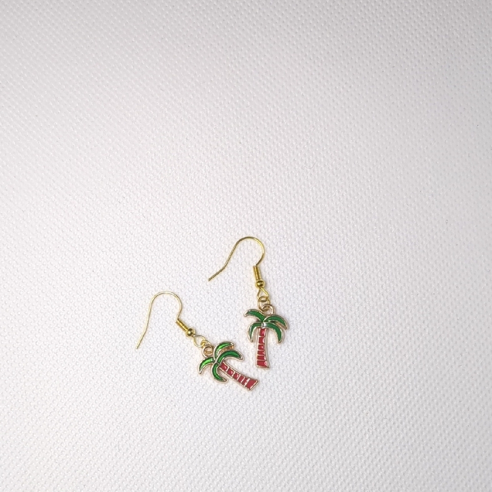 Green and Red Tropical Earrings with Palm Tree Charms